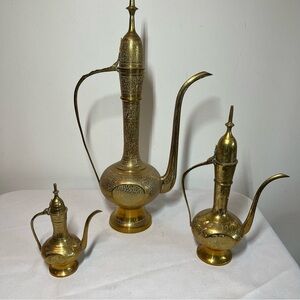 Etched BRASS tea pots. Vintage. LARGE IS 17”. Gorgeous! Set of three. See pics!